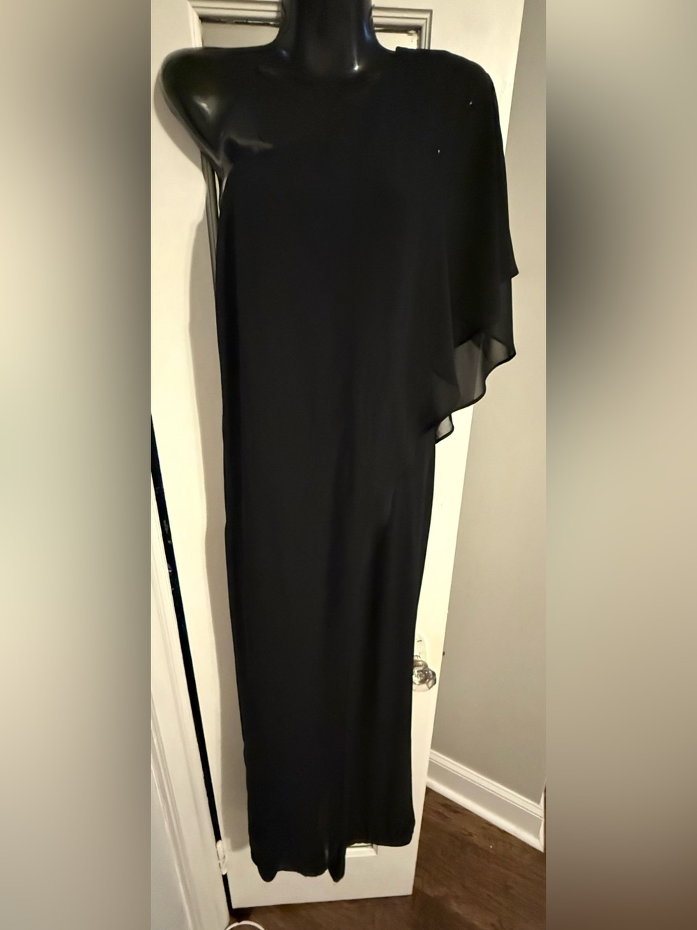Adrianna Papell Black One-Shoulder Chiffon Overlay Wide Leg Jumpsuit Size 6 - Picture 4 of 9